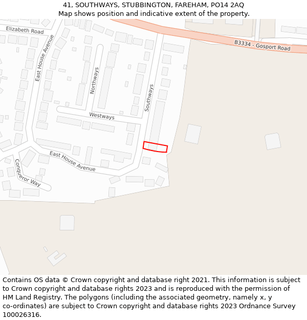 41, SOUTHWAYS, STUBBINGTON, FAREHAM, PO14 2AQ: Location map and indicative extent of plot