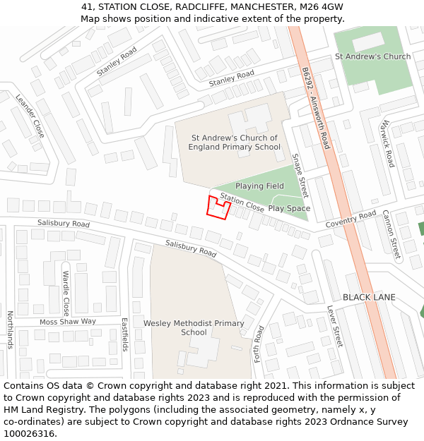 41, STATION CLOSE, RADCLIFFE, MANCHESTER, M26 4GW: Location map and indicative extent of plot