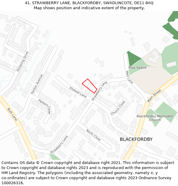 41, STRAWBERRY LANE, BLACKFORDBY, SWADLINCOTE, DE11 8AQ: Location map and indicative extent of plot