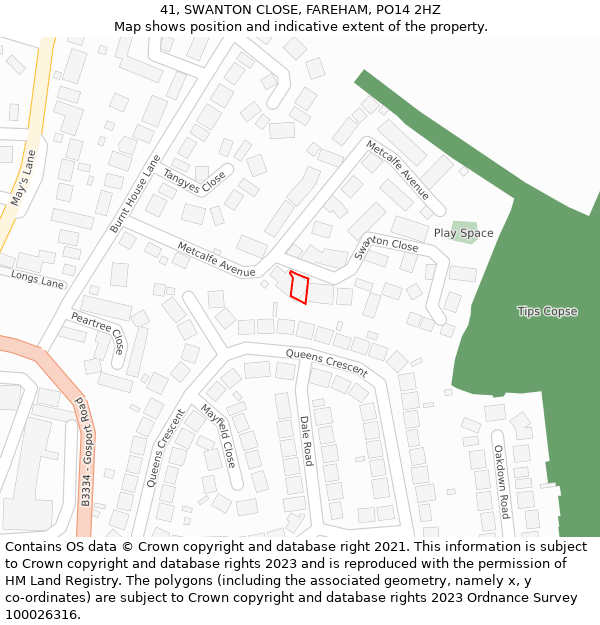 41, SWANTON CLOSE, FAREHAM, PO14 2HZ: Location map and indicative extent of plot