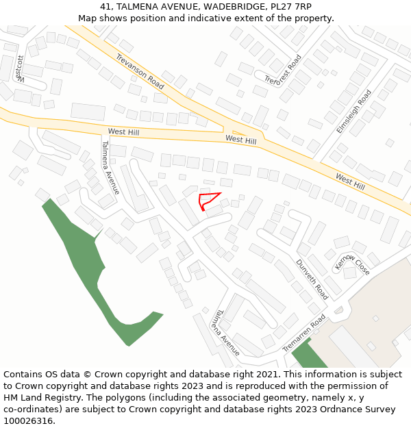 41, TALMENA AVENUE, WADEBRIDGE, PL27 7RP: Location map and indicative extent of plot