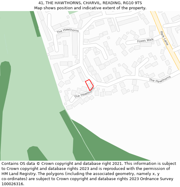 41, THE HAWTHORNS, CHARVIL, READING, RG10 9TS: Location map and indicative extent of plot