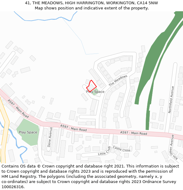 41, THE MEADOWS, HIGH HARRINGTON, WORKINGTON, CA14 5NW: Location map and indicative extent of plot