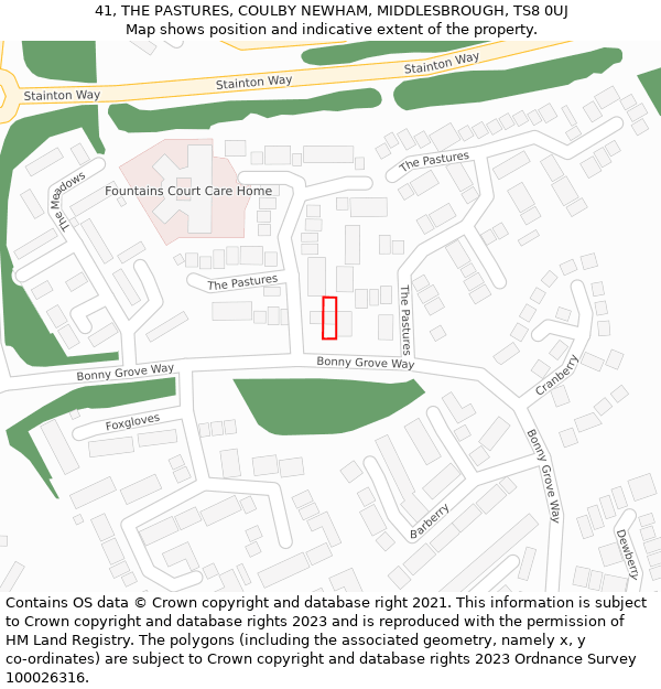 41, THE PASTURES, COULBY NEWHAM, MIDDLESBROUGH, TS8 0UJ: Location map and indicative extent of plot