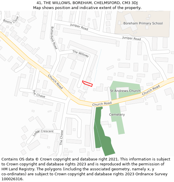 41, THE WILLOWS, BOREHAM, CHELMSFORD, CM3 3DJ: Location map and indicative extent of plot