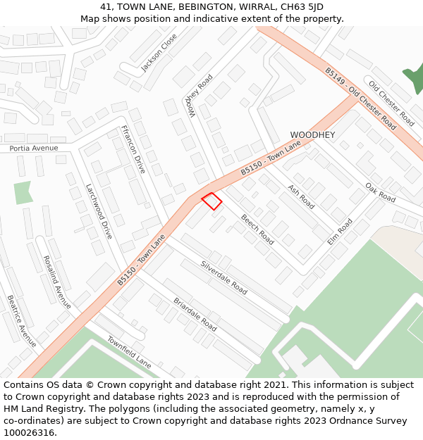 41, TOWN LANE, BEBINGTON, WIRRAL, CH63 5JD: Location map and indicative extent of plot