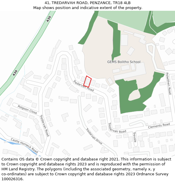 41, TREDARVAH ROAD, PENZANCE, TR18 4LB: Location map and indicative extent of plot