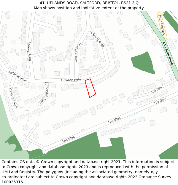 41, UPLANDS ROAD, SALTFORD, BRISTOL, BS31 3JQ: Location map and indicative extent of plot