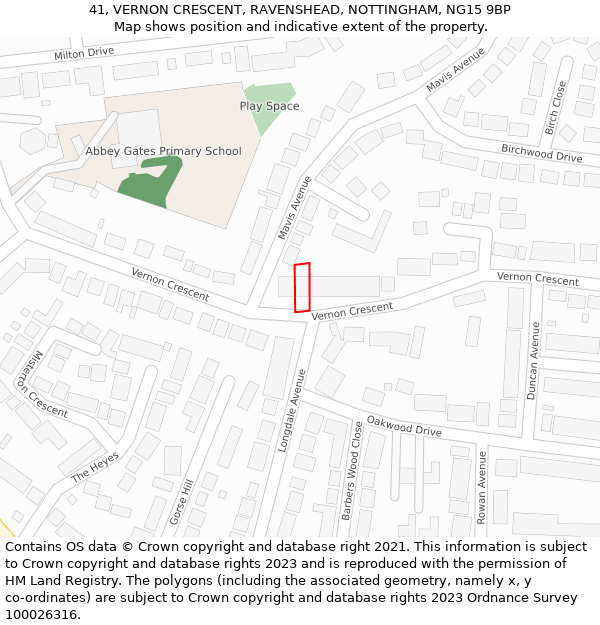 41, VERNON CRESCENT, RAVENSHEAD, NOTTINGHAM, NG15 9BP: Location map and indicative extent of plot