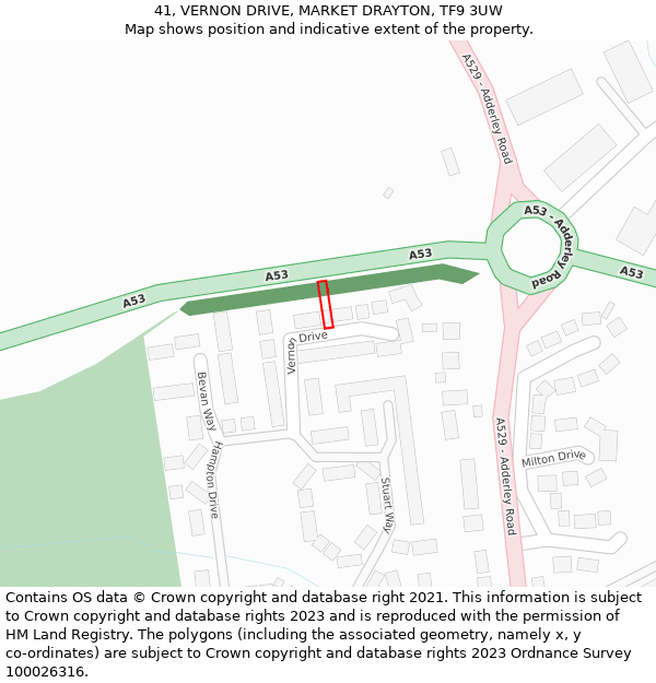 41, VERNON DRIVE, MARKET DRAYTON, TF9 3UW: Location map and indicative extent of plot