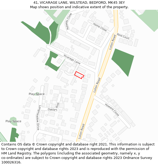 41, VICARAGE LANE, WILSTEAD, BEDFORD, MK45 3EY: Location map and indicative extent of plot