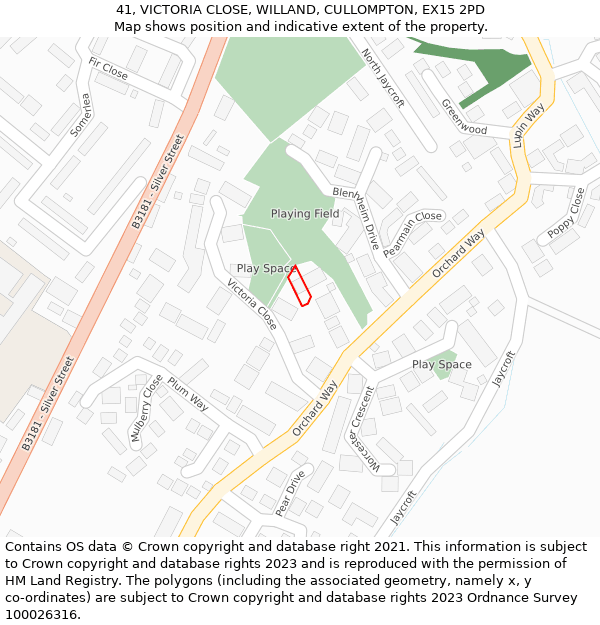 41, VICTORIA CLOSE, WILLAND, CULLOMPTON, EX15 2PD: Location map and indicative extent of plot