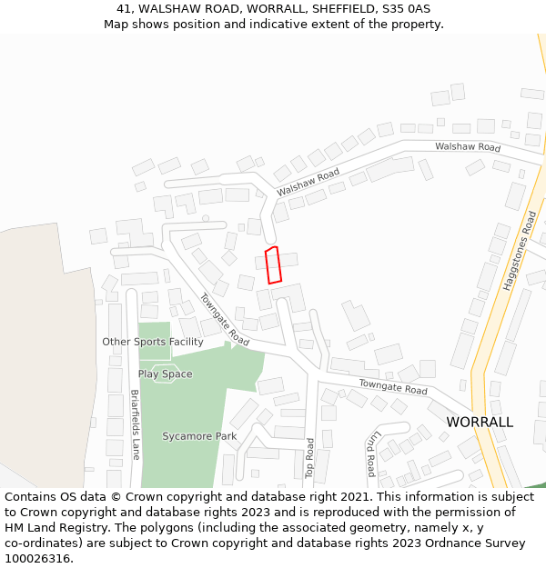 41, WALSHAW ROAD, WORRALL, SHEFFIELD, S35 0AS: Location map and indicative extent of plot