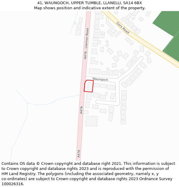 41, WAUNGOCH, UPPER TUMBLE, LLANELLI, SA14 6BX: Location map and indicative extent of plot