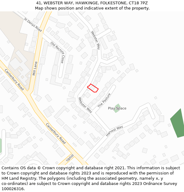 41, WEBSTER WAY, HAWKINGE, FOLKESTONE, CT18 7PZ: Location map and indicative extent of plot