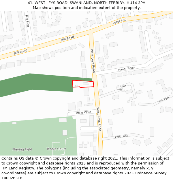 41, WEST LEYS ROAD, SWANLAND, NORTH FERRIBY, HU14 3PA: Location map and indicative extent of plot