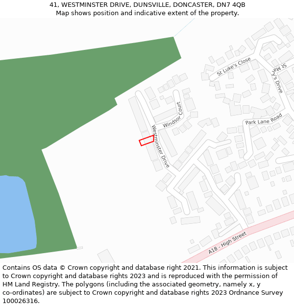 41, WESTMINSTER DRIVE, DUNSVILLE, DONCASTER, DN7 4QB: Location map and indicative extent of plot