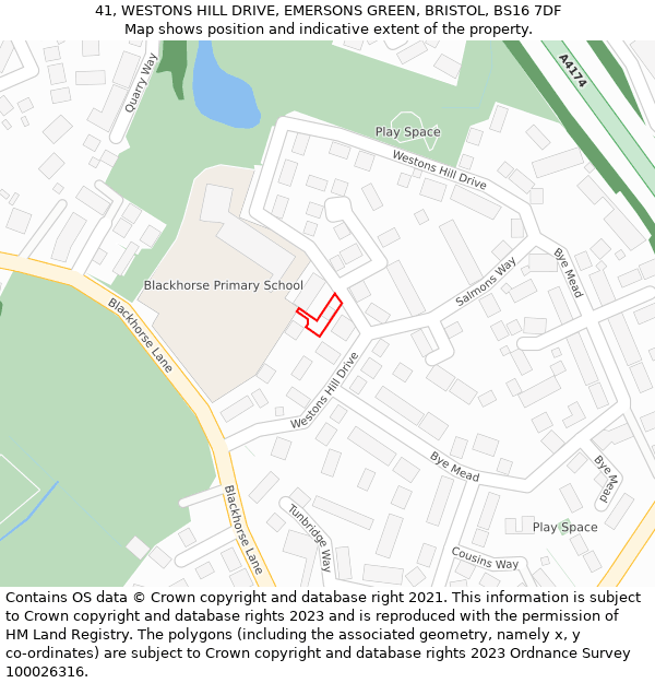 41, WESTONS HILL DRIVE, EMERSONS GREEN, BRISTOL, BS16 7DF: Location map and indicative extent of plot