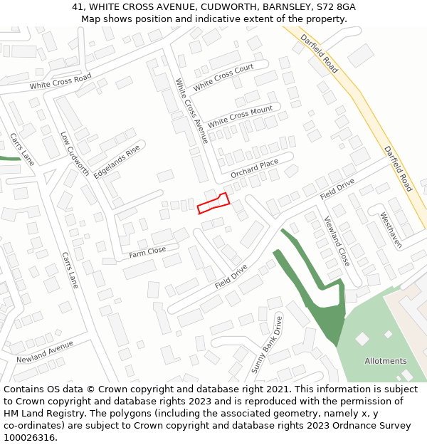 41, WHITE CROSS AVENUE, CUDWORTH, BARNSLEY, S72 8GA: Location map and indicative extent of plot