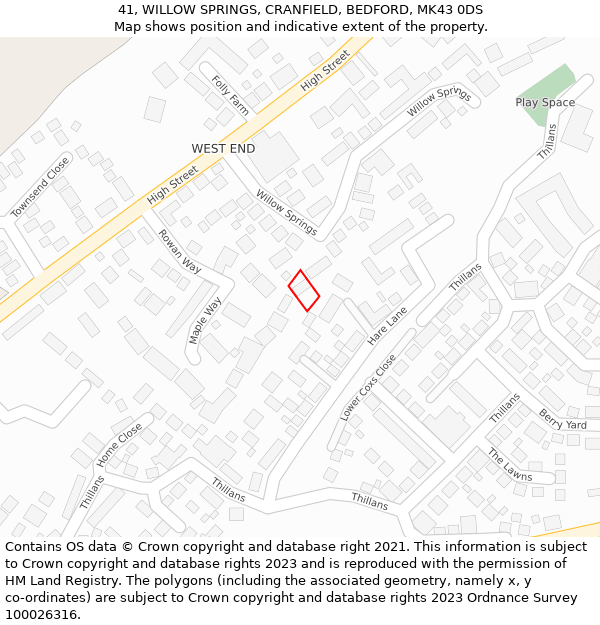 41, WILLOW SPRINGS, CRANFIELD, BEDFORD, MK43 0DS: Location map and indicative extent of plot