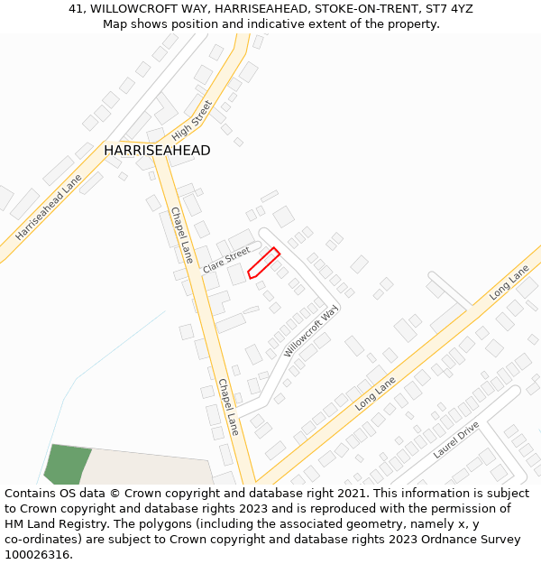 41, WILLOWCROFT WAY, HARRISEAHEAD, STOKE-ON-TRENT, ST7 4YZ: Location map and indicative extent of plot