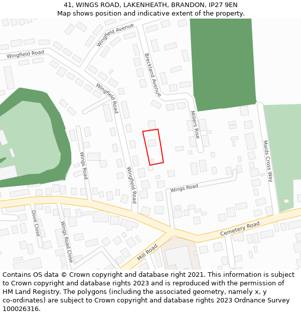 41, WINGS ROAD, LAKENHEATH, BRANDON, IP27 9EN: Location map and indicative extent of plot