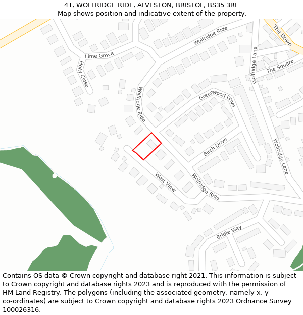 41, WOLFRIDGE RIDE, ALVESTON, BRISTOL, BS35 3RL: Location map and indicative extent of plot
