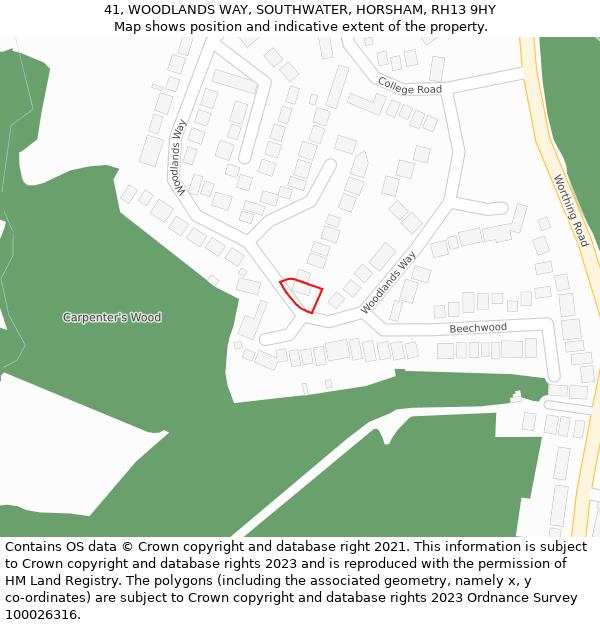 41, WOODLANDS WAY, SOUTHWATER, HORSHAM, RH13 9HY: Location map and indicative extent of plot