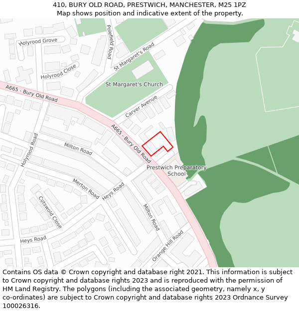 410, BURY OLD ROAD, PRESTWICH, MANCHESTER, M25 1PZ: Location map and indicative extent of plot