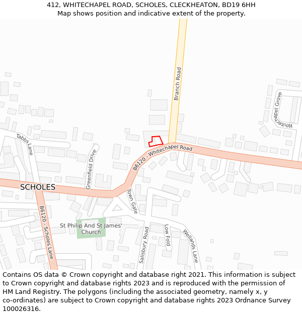 412, WHITECHAPEL ROAD, SCHOLES, CLECKHEATON, BD19 6HH: Location map and indicative extent of plot