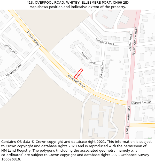 413, OVERPOOL ROAD, WHITBY, ELLESMERE PORT, CH66 2JD: Location map and indicative extent of plot