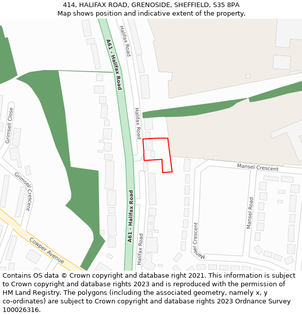 414, HALIFAX ROAD, GRENOSIDE, SHEFFIELD, S35 8PA: Location map and indicative extent of plot
