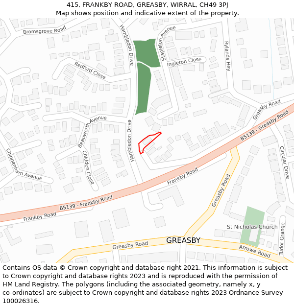 415, FRANKBY ROAD, GREASBY, WIRRAL, CH49 3PJ: Location map and indicative extent of plot