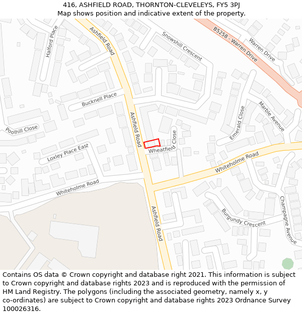 416, ASHFIELD ROAD, THORNTON-CLEVELEYS, FY5 3PJ: Location map and indicative extent of plot