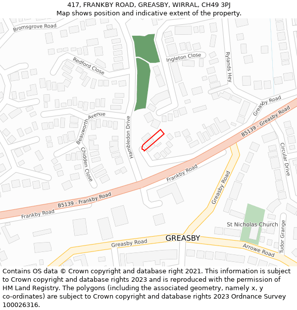 417, FRANKBY ROAD, GREASBY, WIRRAL, CH49 3PJ: Location map and indicative extent of plot