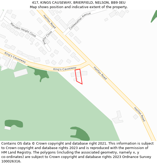 417, KINGS CAUSEWAY, BRIERFIELD, NELSON, BB9 0EU: Location map and indicative extent of plot