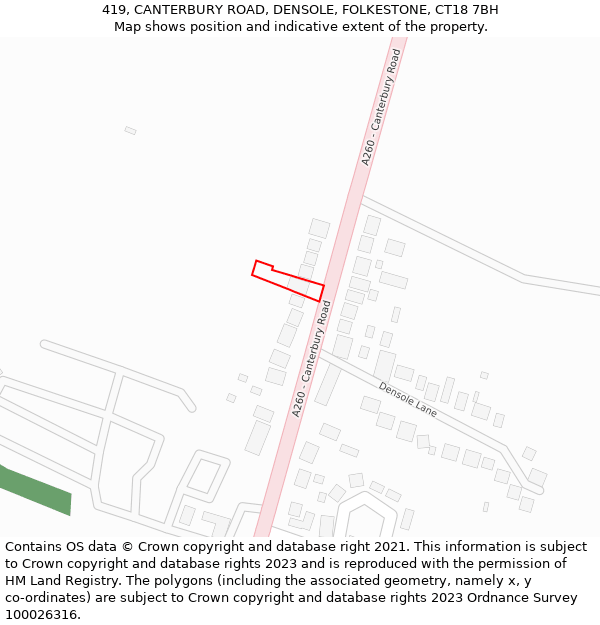 419, CANTERBURY ROAD, DENSOLE, FOLKESTONE, CT18 7BH: Location map and indicative extent of plot