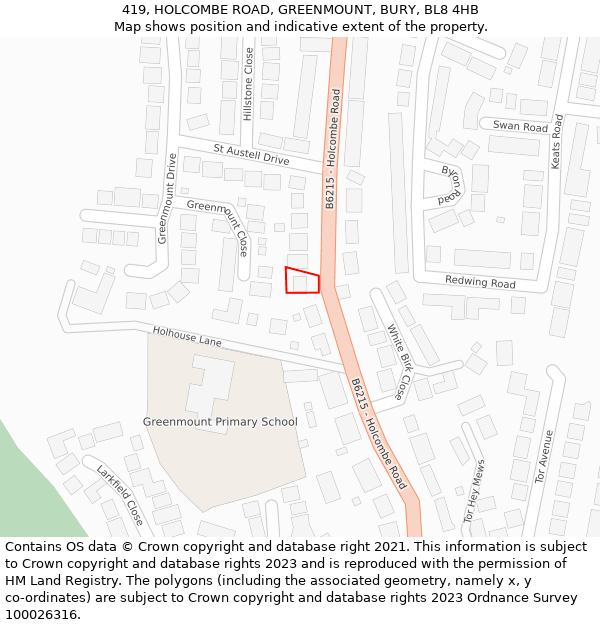 419, HOLCOMBE ROAD, GREENMOUNT, BURY, BL8 4HB: Location map and indicative extent of plot