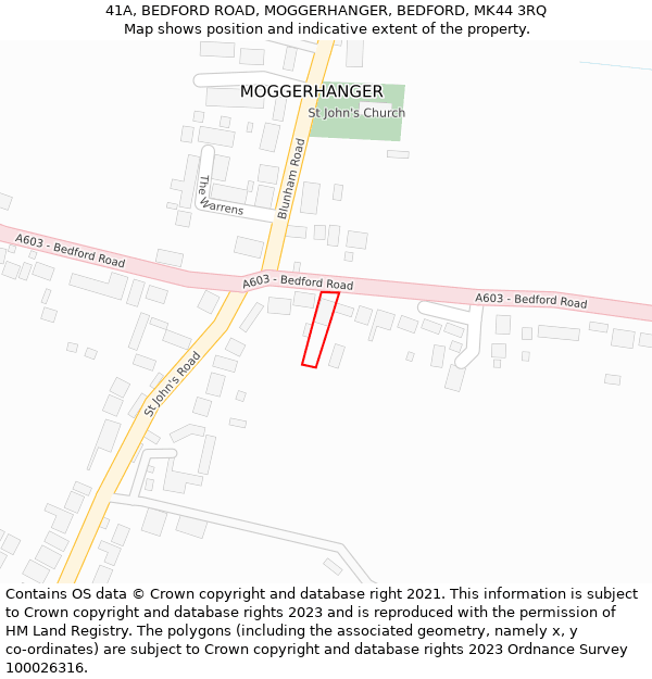 41A, BEDFORD ROAD, MOGGERHANGER, BEDFORD, MK44 3RQ: Location map and indicative extent of plot