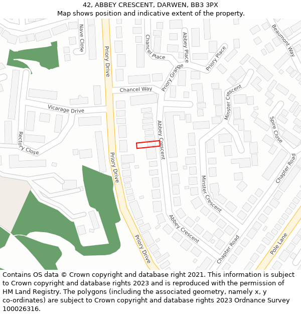 42, ABBEY CRESCENT, DARWEN, BB3 3PX: Location map and indicative extent of plot