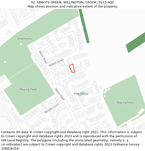 42, ABBOTS GREEN, WILLINGTON, CROOK, DL15 0QZ: Location map and indicative extent of plot