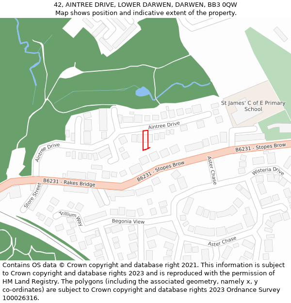 42, AINTREE DRIVE, LOWER DARWEN, DARWEN, BB3 0QW: Location map and indicative extent of plot
