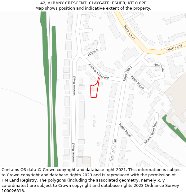 42, ALBANY CRESCENT, CLAYGATE, ESHER, KT10 0PF: Location map and indicative extent of plot