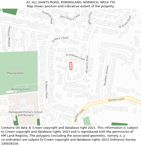 42, ALL SAINTS ROAD, PORINGLAND, NORWICH, NR14 7TA: Location map and indicative extent of plot