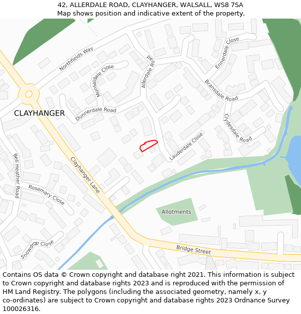 42, ALLERDALE ROAD, CLAYHANGER, WALSALL, WS8 7SA: Location map and indicative extent of plot