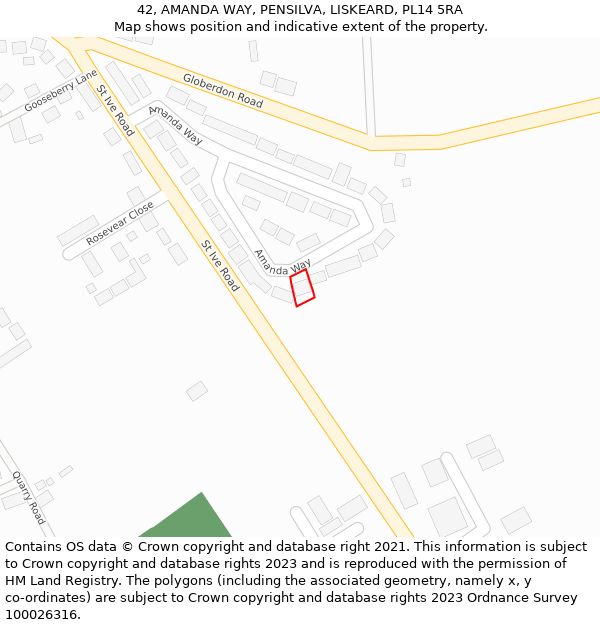 42, AMANDA WAY, PENSILVA, LISKEARD, PL14 5RA: Location map and indicative extent of plot