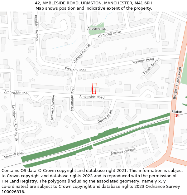 42, AMBLESIDE ROAD, URMSTON, MANCHESTER, M41 6PH: Location map and indicative extent of plot