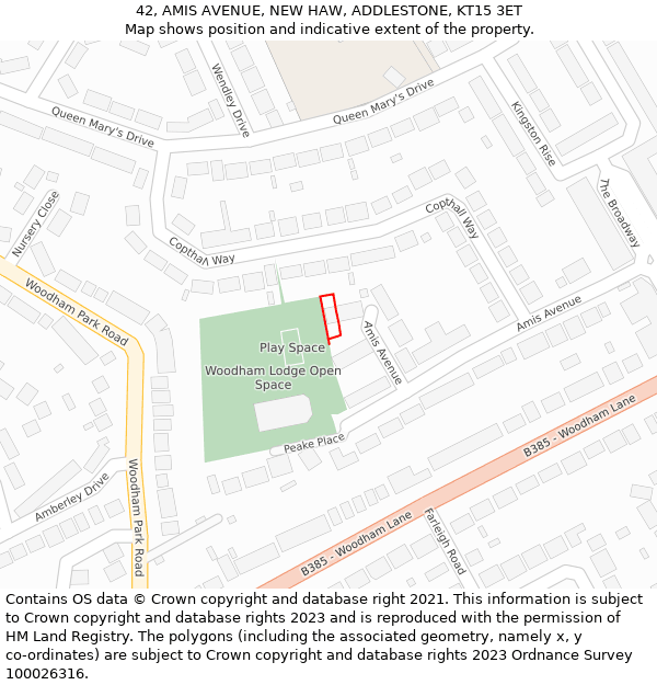 42, AMIS AVENUE, NEW HAW, ADDLESTONE, KT15 3ET: Location map and indicative extent of plot