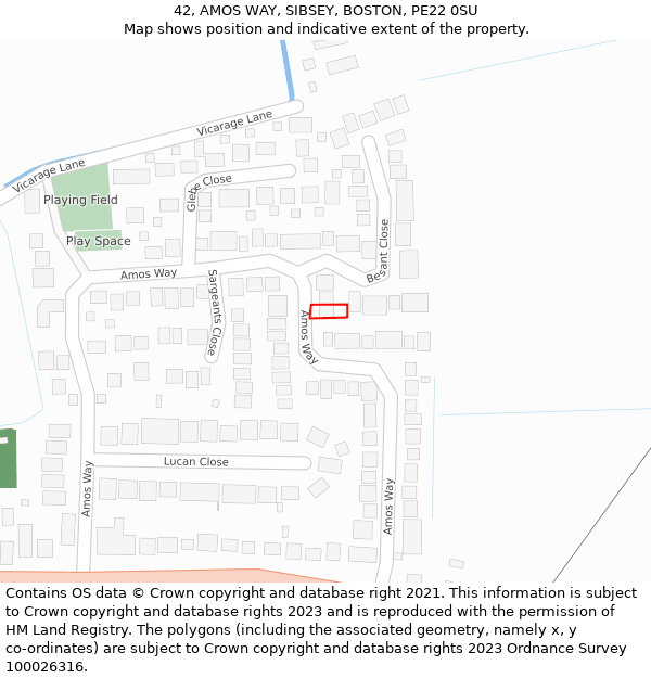 42, AMOS WAY, SIBSEY, BOSTON, PE22 0SU: Location map and indicative extent of plot