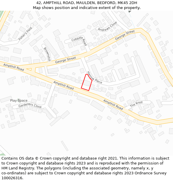 42, AMPTHILL ROAD, MAULDEN, BEDFORD, MK45 2DH: Location map and indicative extent of plot